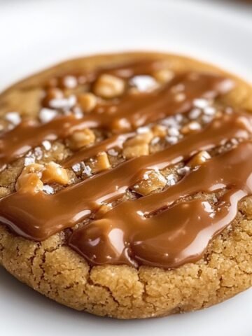 Close-up of a freshly baked homemade caramel cookie on a white plate, featuring a golden-brown, slightly cracked surface with a soft, chewy texture. The cookie is generously drizzled with thick, glossy caramel sauce in diagonal streaks, creating a gooey, melted effect