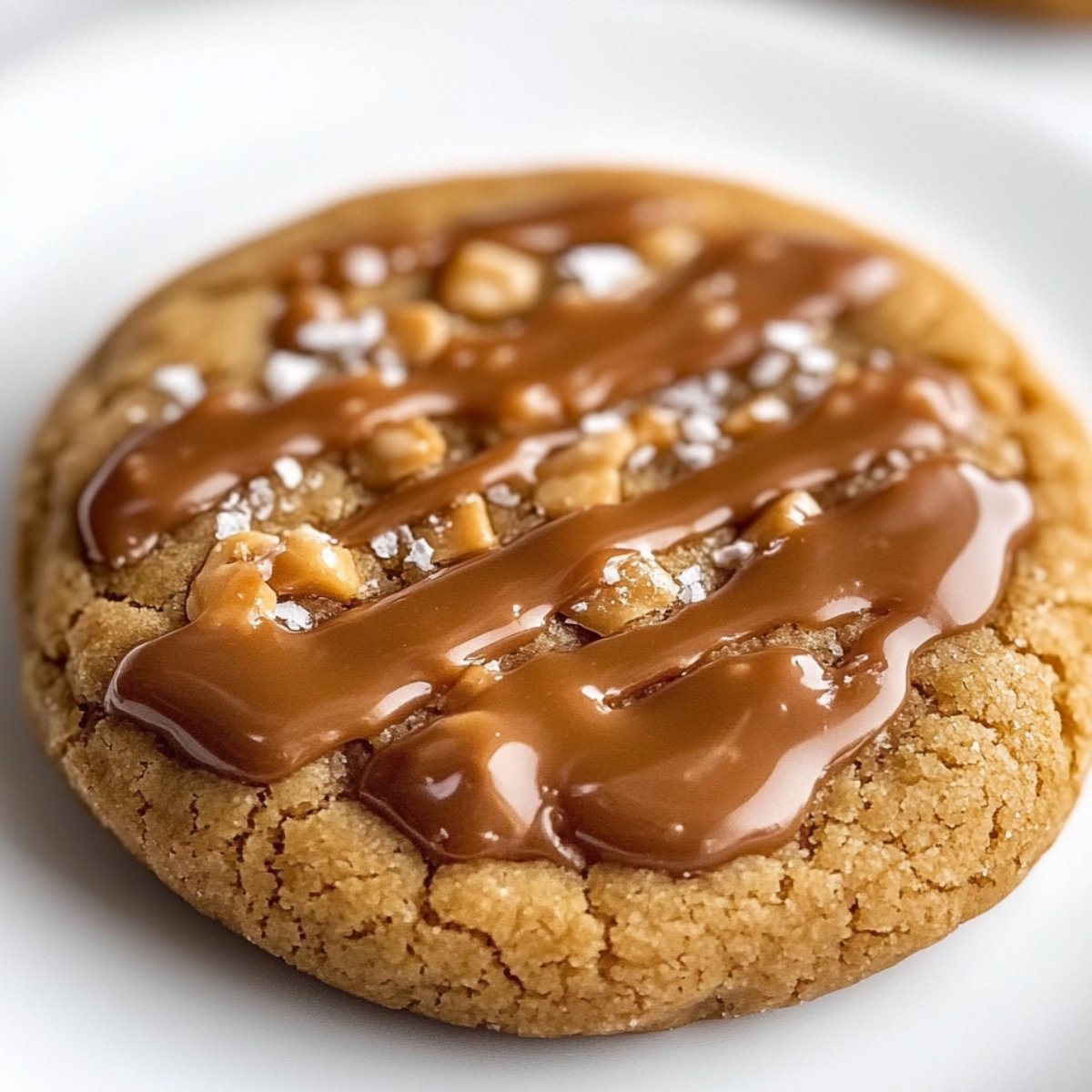 Close-up of a freshly baked homemade caramel cookie on a white plate, featuring a golden-brown, slightly cracked surface with a soft, chewy texture. The cookie is generously drizzled with thick, glossy caramel sauce in diagonal streaks, creating a gooey, melted effect