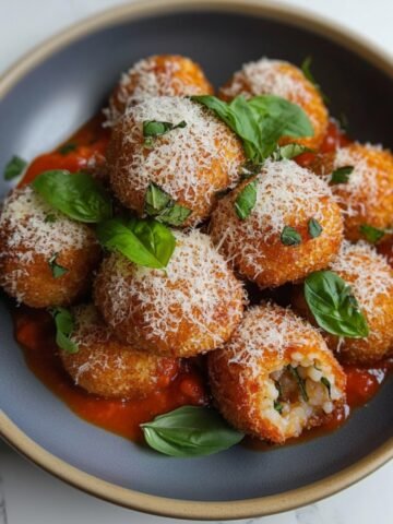 Crispy homemade mushroom arancini topped with Parmesan and fresh basil, served on rich tomato sauce in a rustic ceramic bowl. One is cut open, revealing creamy mushroom risotto inside.