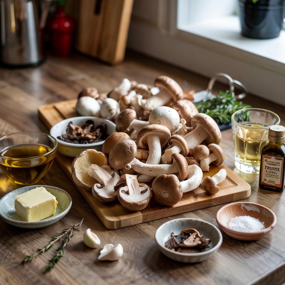 Fresh mushrooms, garlic, thyme, butter, truffle oil, white wine, olive oil, and sea salt arranged on a wooden kitchen counter with natural light—perfect for homemade mushroom arancini filling.