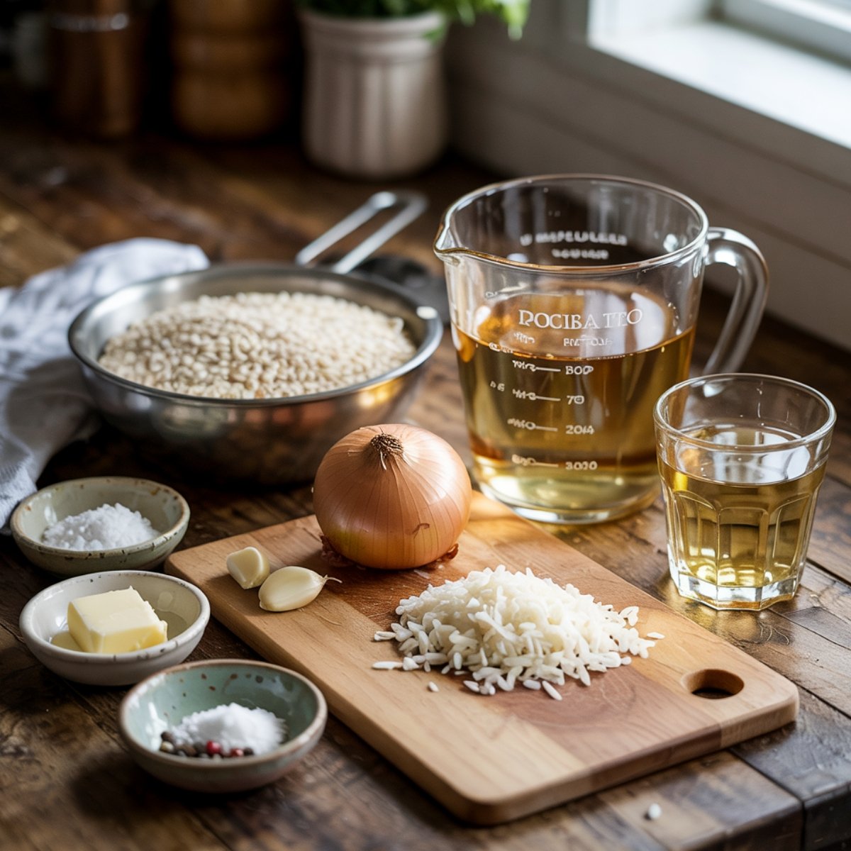 Realistic homemade mushroom arancini ingredients on a rustic wooden counter: Arborio rice, broth, white wine, onion, garlic, butter, salt, and pepper, naturally lit by a nearby window for a cozy kitchen vibe.