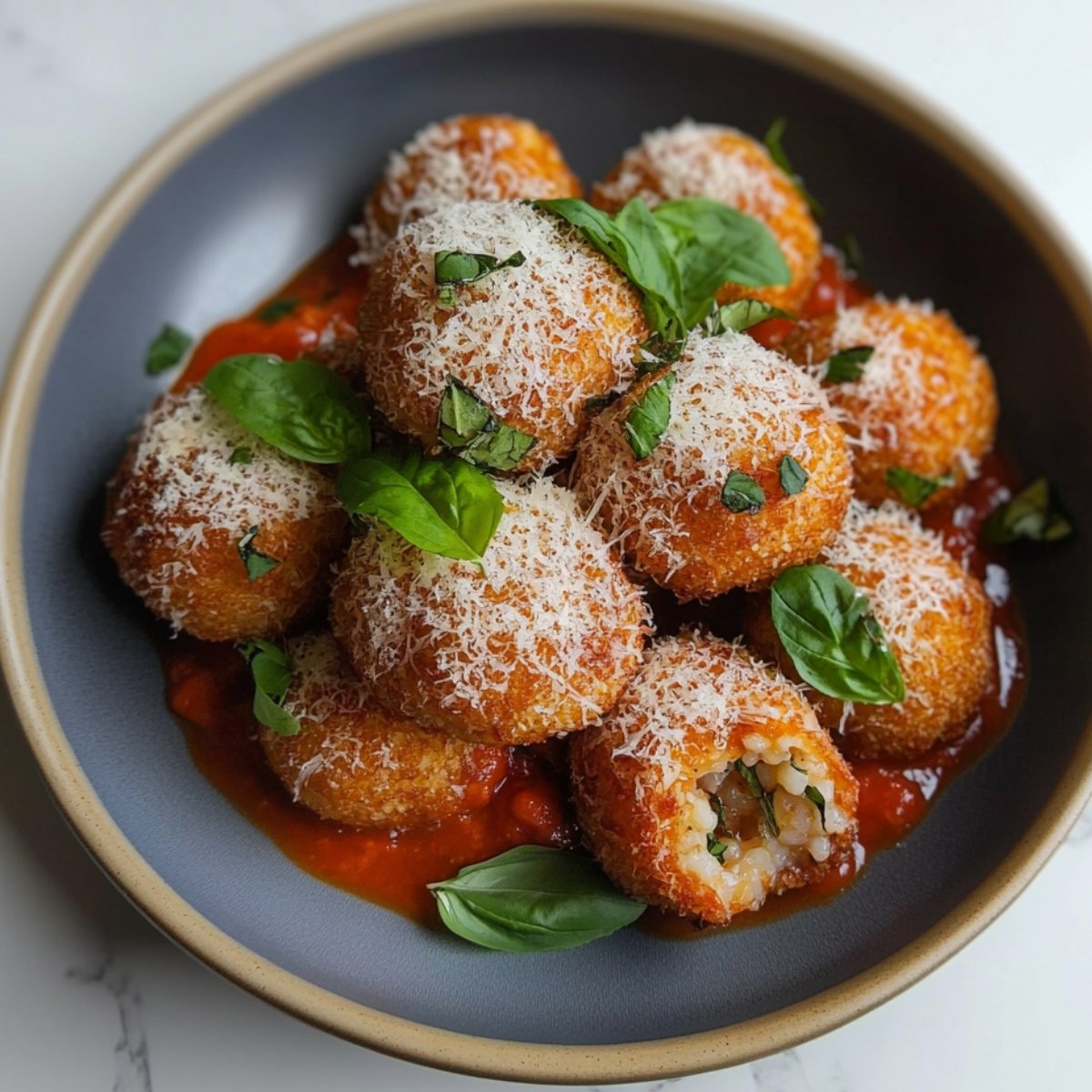 Crispy homemade mushroom arancini topped with Parmesan and fresh basil, served on rich tomato sauce in a rustic ceramic bowl. One is cut open, revealing creamy mushroom risotto inside.