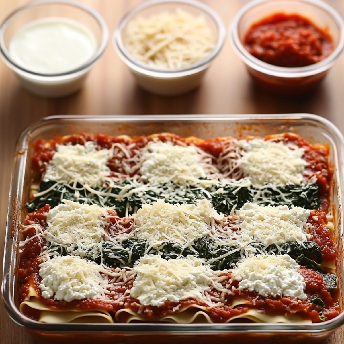 A close-up of chicken spinach lasagna in a glass baking dish with layers of marinara sauce, spinach, ricotta, and shredded mozzarella. Three bowls of ricotta, mozzarella, and marinara sauce are in the background.