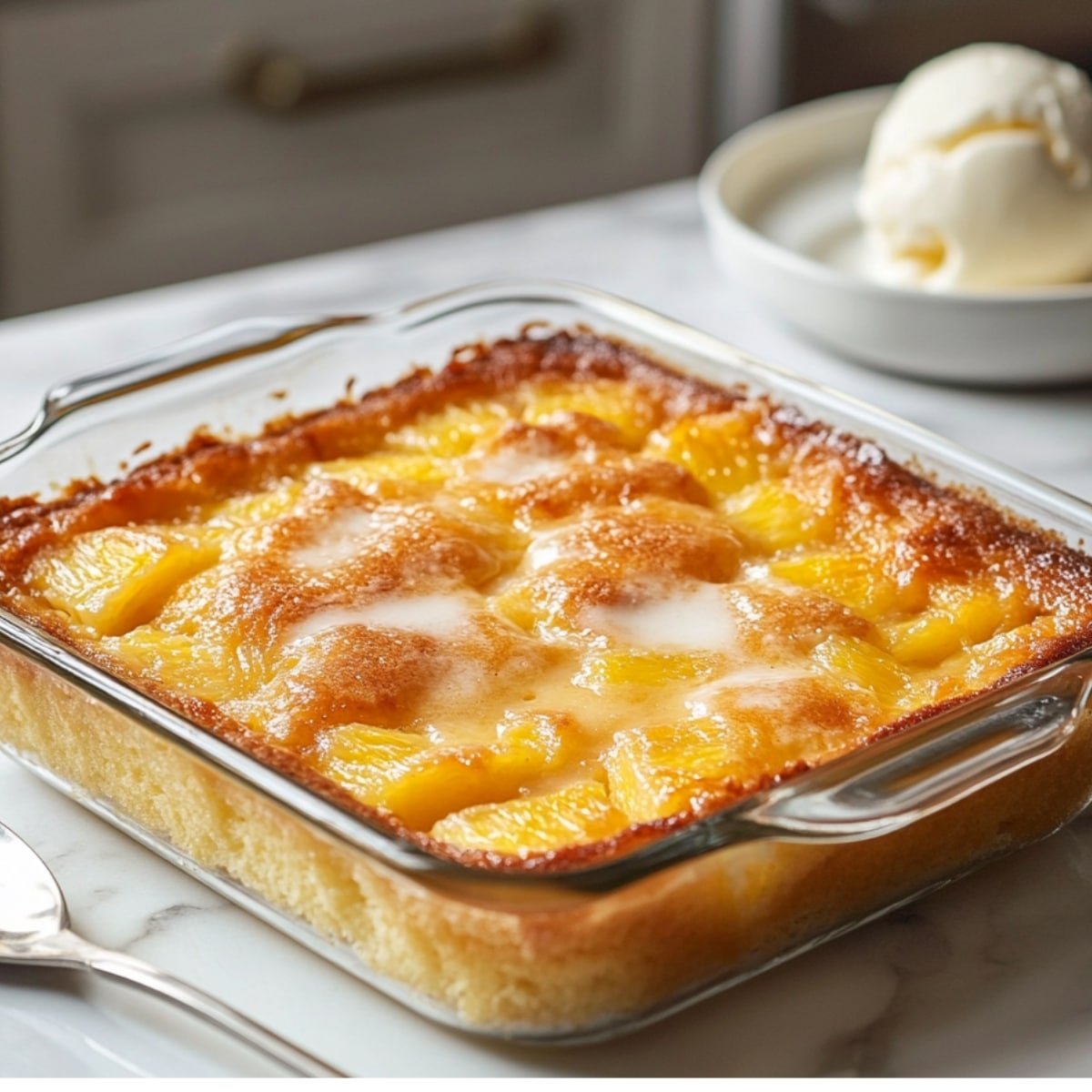 Freshly baked pineapple dump cake in a glass dish, golden brown with bubbling fruit, and vanilla ice cream in the background.