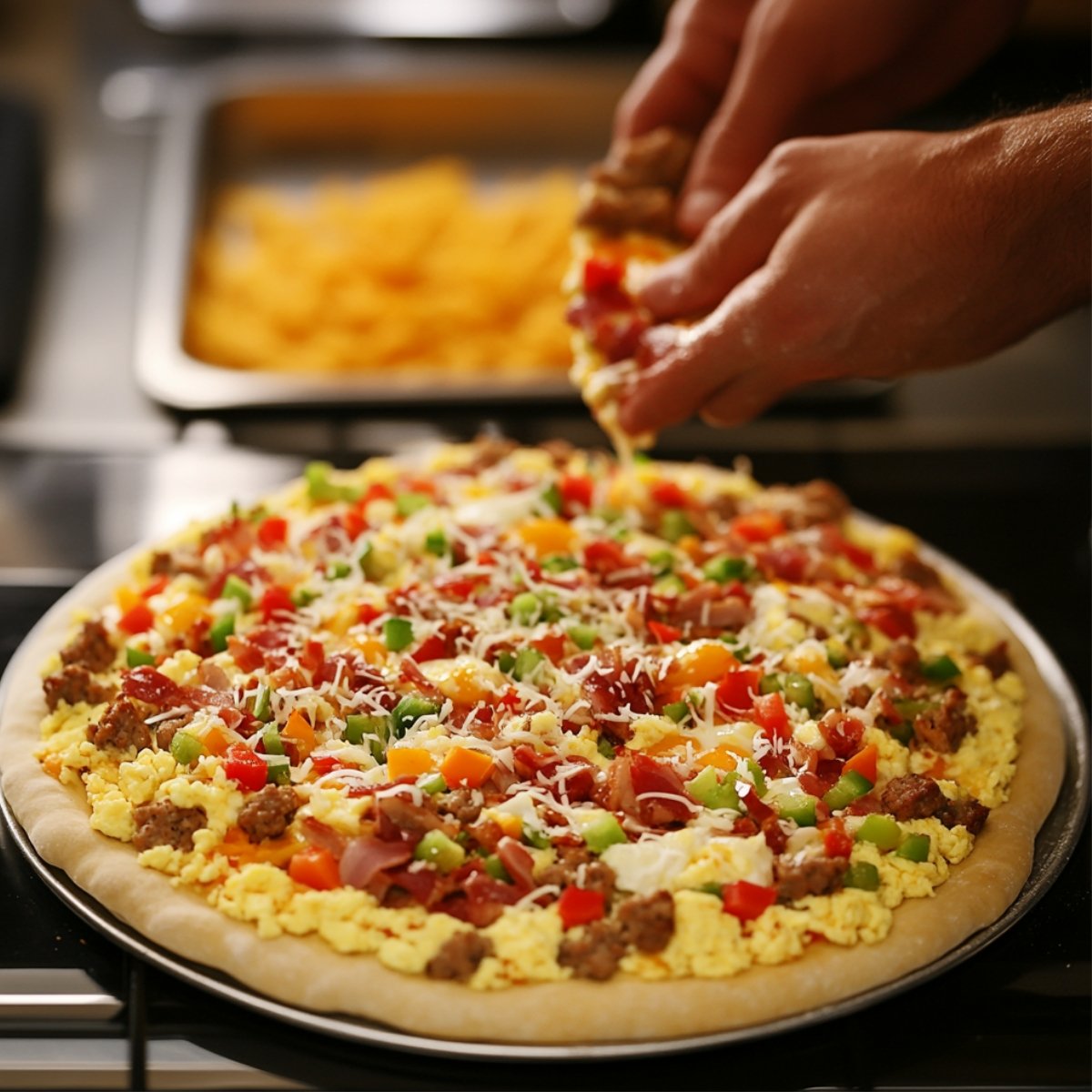 A close-up of a homemade breakfast pizza being prepared, with scrambled eggs, sausage, diced ham, bell peppers, and tomatoes, topped with shredded mozzarella cheese. The pizza sits on a silver baking tray with soft lighting in the background.