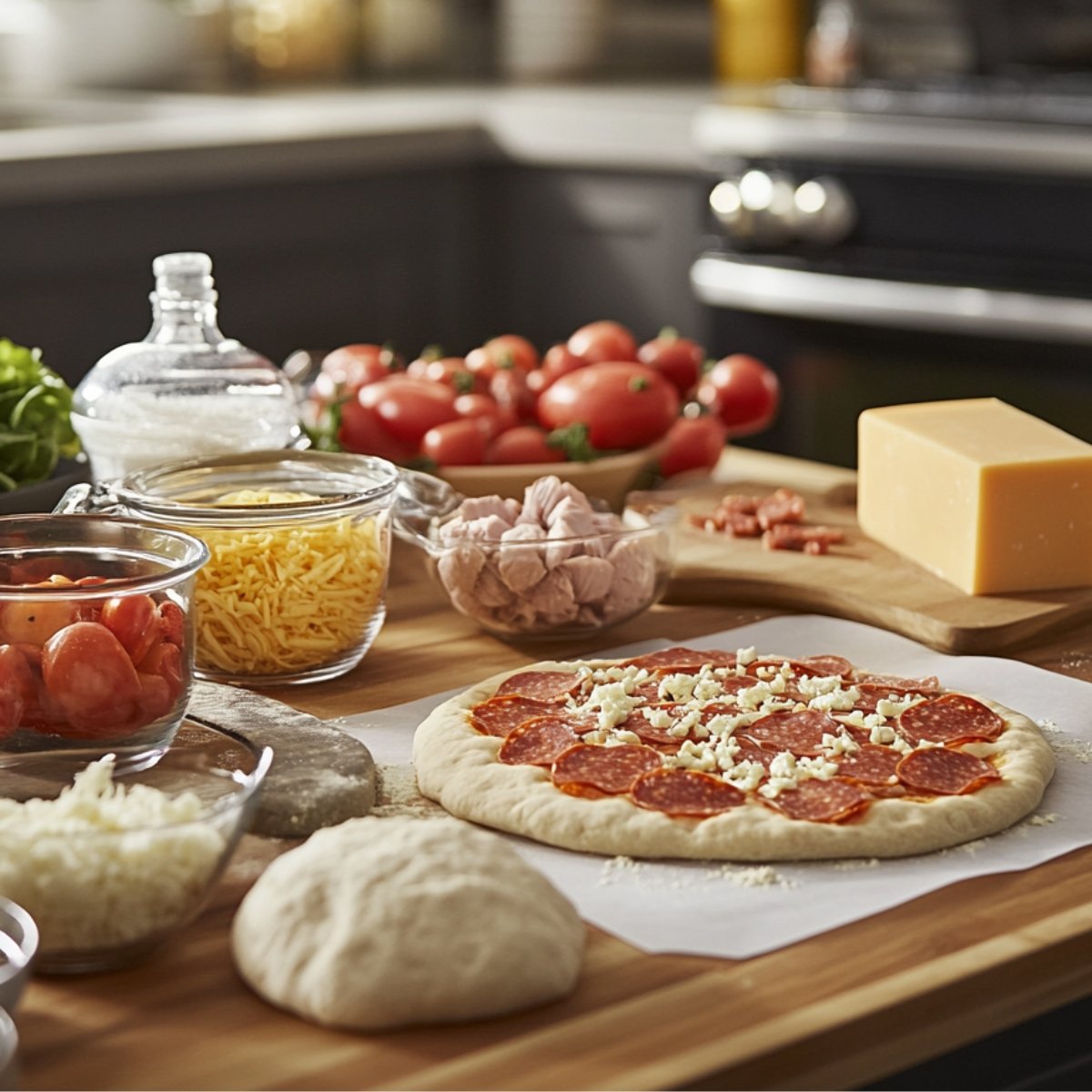 A wooden kitchen counter with a partially assembled breakfast pizza, topped with pepperoni and mozzarella. Nearby bowls contain diced tomatoes, shredded cheddar, chopped turkey, and a block of cheese, with pizza dough visible in the background.
