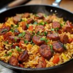 Homemade Cajun sausage and rice skillet with seared sausage slices, seasoned yellow rice, bell peppers, onions, and fresh parsley in a black cast-iron pan.