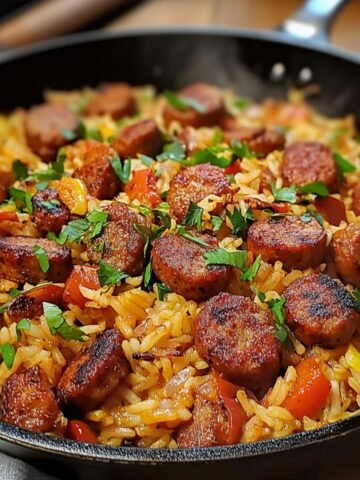 Homemade Cajun sausage and rice skillet with seared sausage slices, seasoned yellow rice, bell peppers, onions, and fresh parsley in a black cast-iron pan.