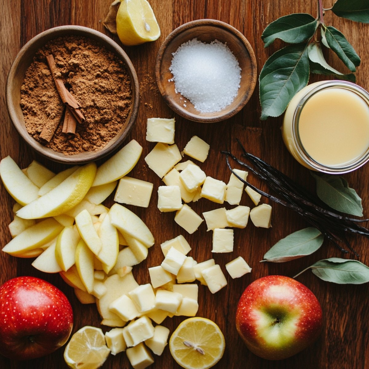 Freshly prepared ingredients for caramel apple cheesecake bars arranged on a wooden table: apple slices, butter cubes, lemon halves, cinnamon sticks in brown sugar, granulated sugar, vanilla pods, fresh leaves, and caramel sauce in a jar.
