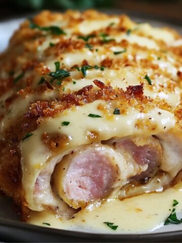 Sliced homemade chicken cordon bleu filled with ham and melted Swiss cheese, coated in golden crispy breadcrumbs, topped with creamy Dijon sauce and fresh parsley on a plate.