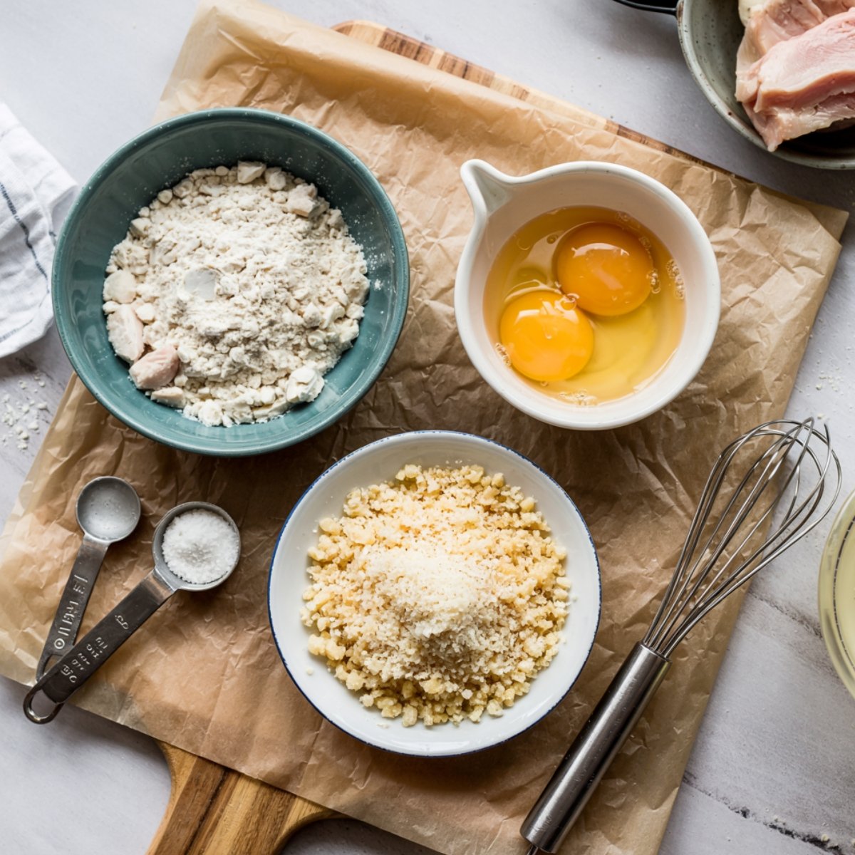 Bowls of flour, beaten eggs, and panko-Parmesan breadcrumb mixture arranged on parchment paper over a wooden cutting board, with measuring spoons and a metal whisk—ingredients for breading homemade Chicken Cordon Bleu.