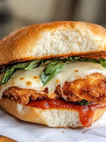 Homemade chicken parm sandwich with crispy breaded chicken, melted mozzarella, fresh basil, and marinara on a toasted brioche bun.