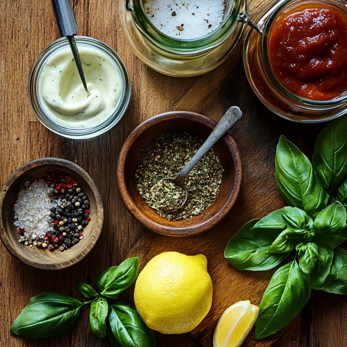 A rustic wooden surface with ingredients for chicken spinach lasagna: a bowl of salt, pepper, and red pepper flakes, Italian seasoning, fresh basil leaves, a jar of marinara sauce, a lemon, and creamy mayonnaise.