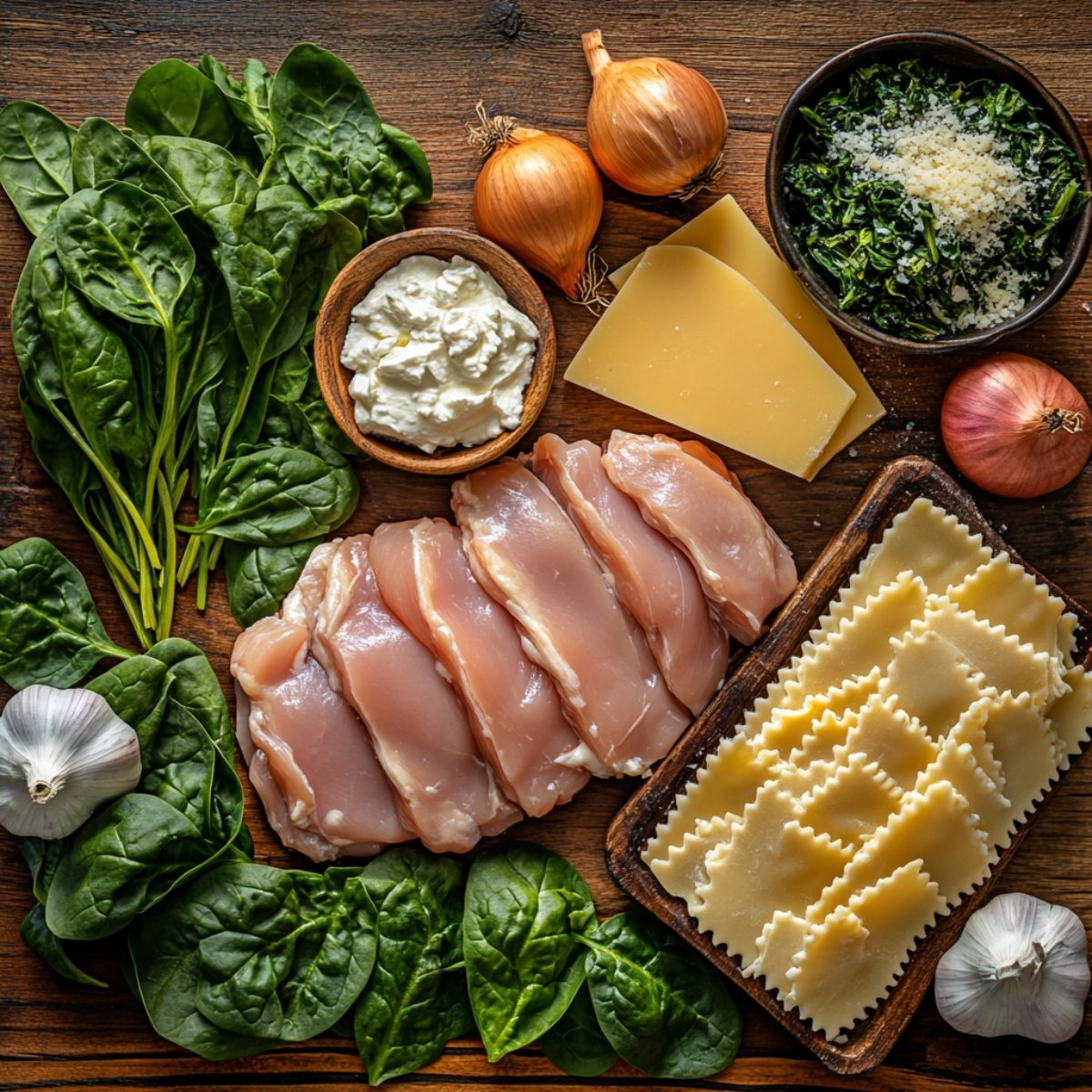 A rustic wooden surface with ingredients for chicken spinach lasagna: sliced chicken breasts, fresh spinach, ricotta cheese, cooked spinach with Parmesan, lasagna noodles, garlic cloves, onions, and cheese slices.
