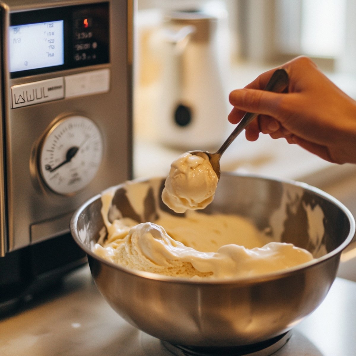 A hand scoops creamy ice cream from a metal bowl sitting on an ice cream maker, with the digital display of the machine visible in the background. The kitchen is warm and softly lit, highlighting the smooth texture of the ice cream.