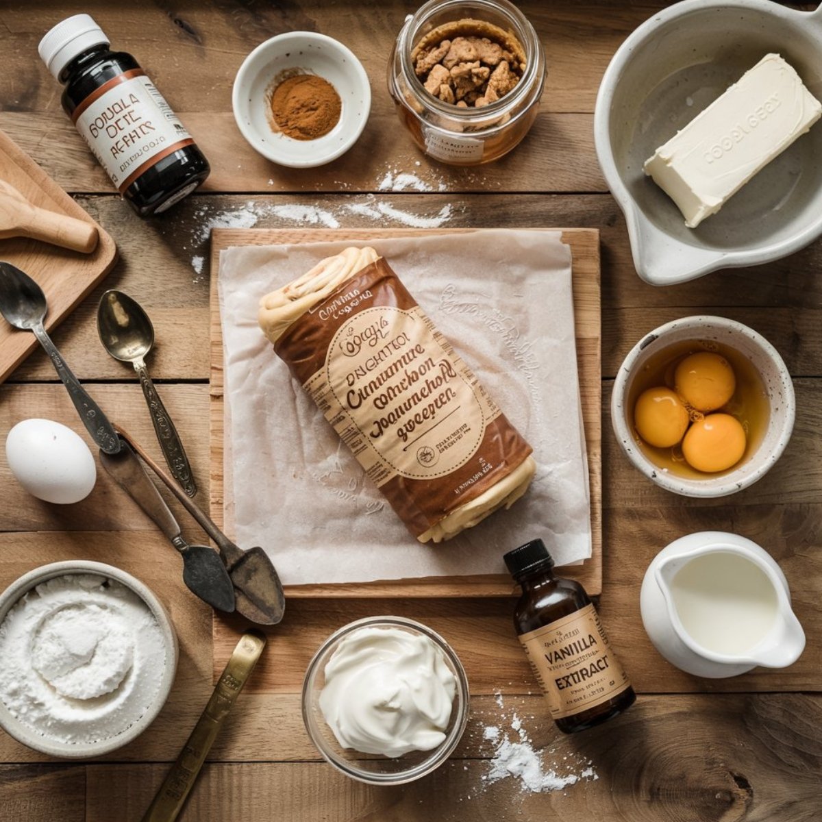 Homemade cinnamon roll honeybun cheesecake ingredients on a rustic wooden table—includes cinnamon roll dough, eggs, cream cheese, milk, sour cream, powdered sugar, cinnamon, vanilla, and baking tools.
