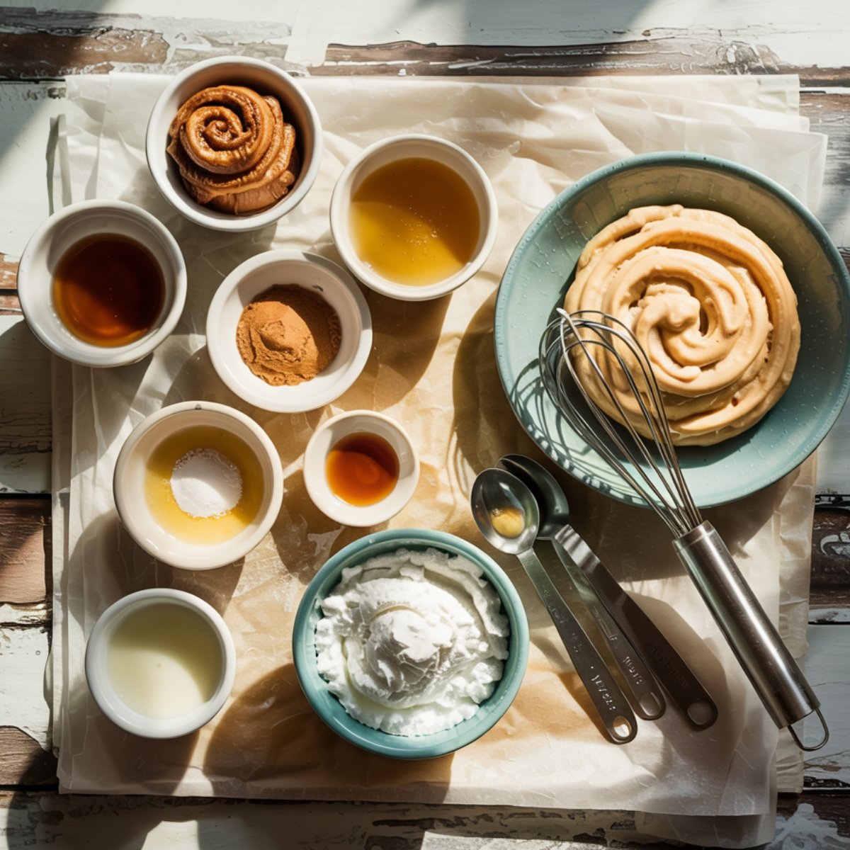 Homemade cinnamon roll honeybun cheesecake ingredients on parchment over a rustic table, including bowls of cinnamon, brown sugar, melted butter, powdered sugar, milk, vanilla, and a swirl of batter with a whisk.