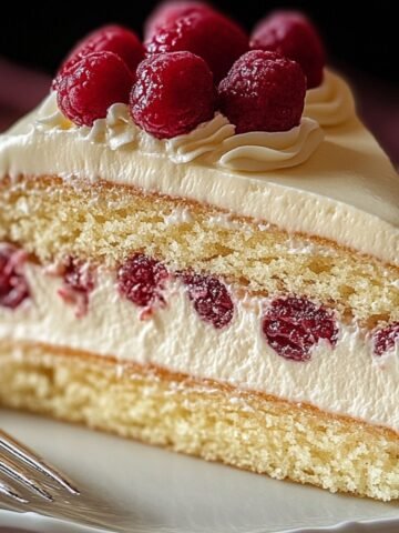 A slice of homemade Bavarian cream cake with two layers of moist vanilla sponge, filled and topped with creamy Bavarian filling and whole tart cherries. The cake is topped with whipped cream swirls and more cherries, served on a white plate with a silver fork.