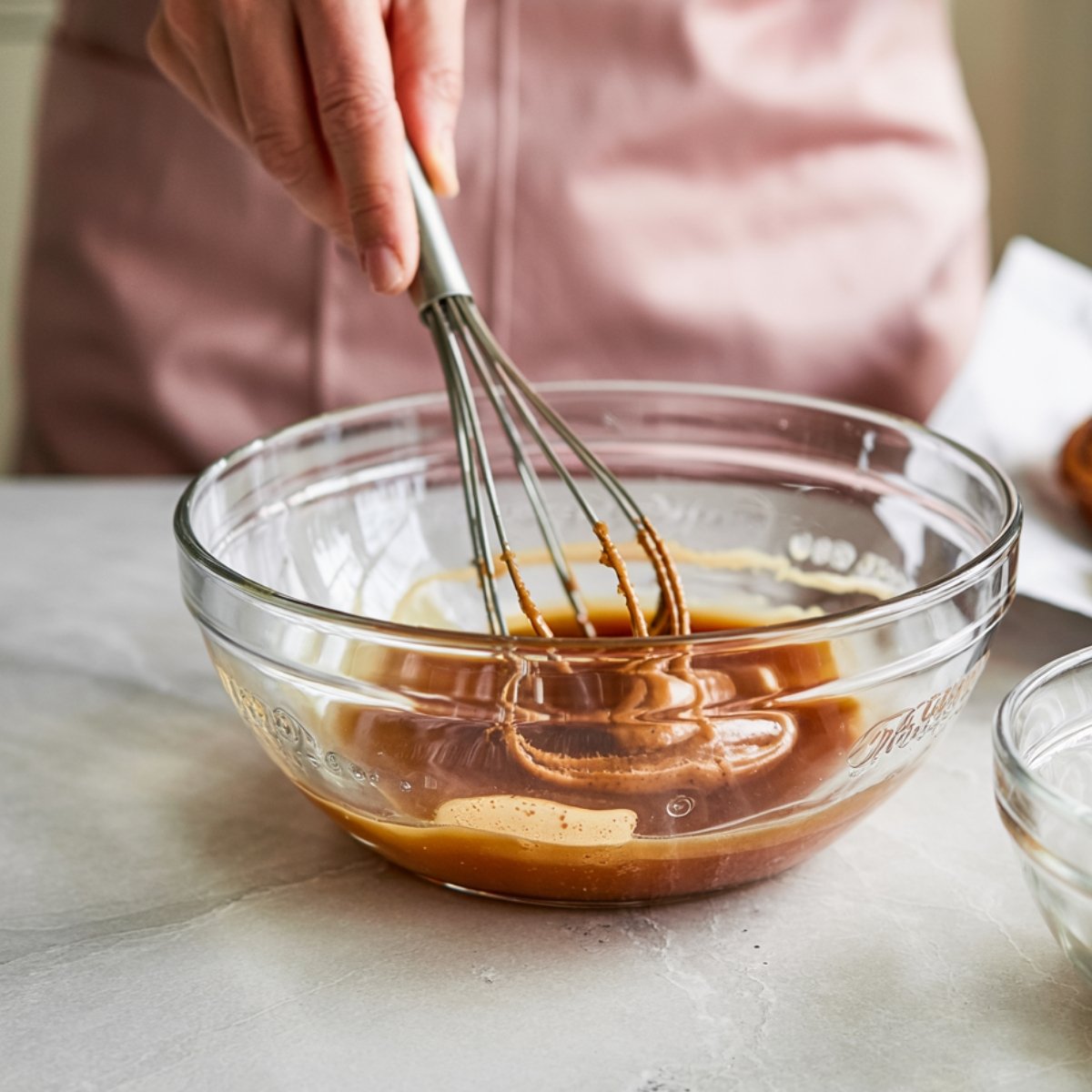 Person whisking homemade cinnamon swirl mixture in a clear glass bowl, capturing its rich, golden-brown texture, on a marble countertop in a cozy kitchen setting.