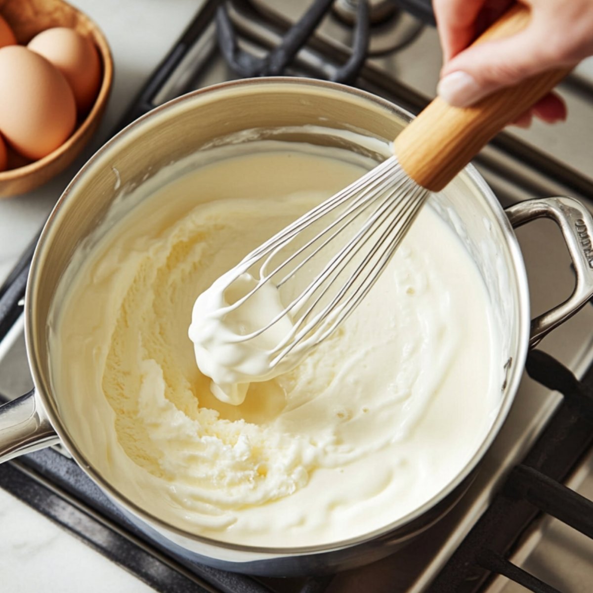 Whisking a creamy ice cream base in a stainless steel pot on a gas stove, with eggs in a wooden bowl nearby, preparing for homemade pineapple ice cream.