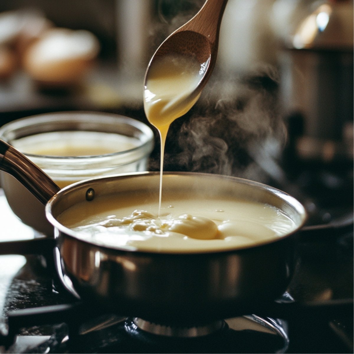 A wooden spoon lifts thick, creamy custard from a steaming saucepan on the stove, with soft steam rising. A glass jar sits in the background, and the kitchen has a warm, rustic feel.