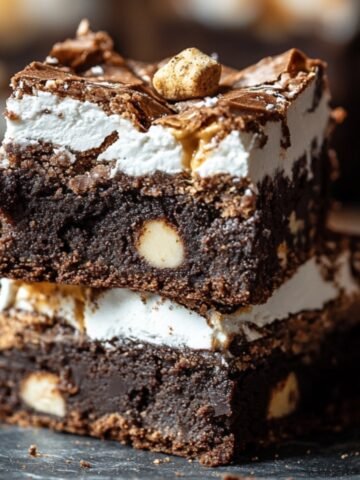 Stacked homemade smores brownies with fudgy chocolate layers, gooey marshmallow, macadamia nuts, and a cracked chocolate top, resting on a dark surface with scattered crumbs.