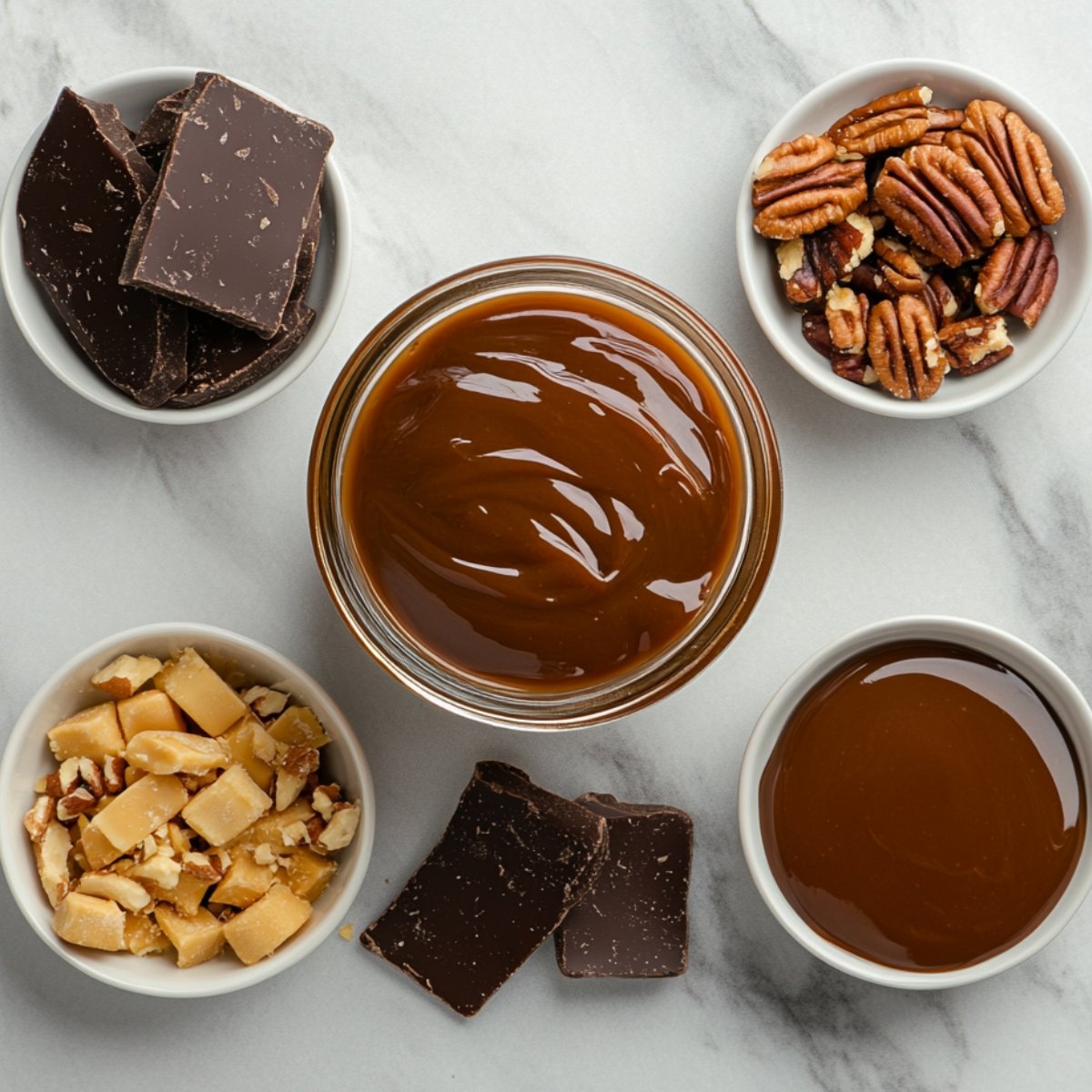 A top-down view of ingredients for dulce de leche ice cream: a bowl of smooth dulce de leche, dark chocolate chunks, crushed toffee bits with pecans, and caramel sauce, all arranged on a light marble countertop.