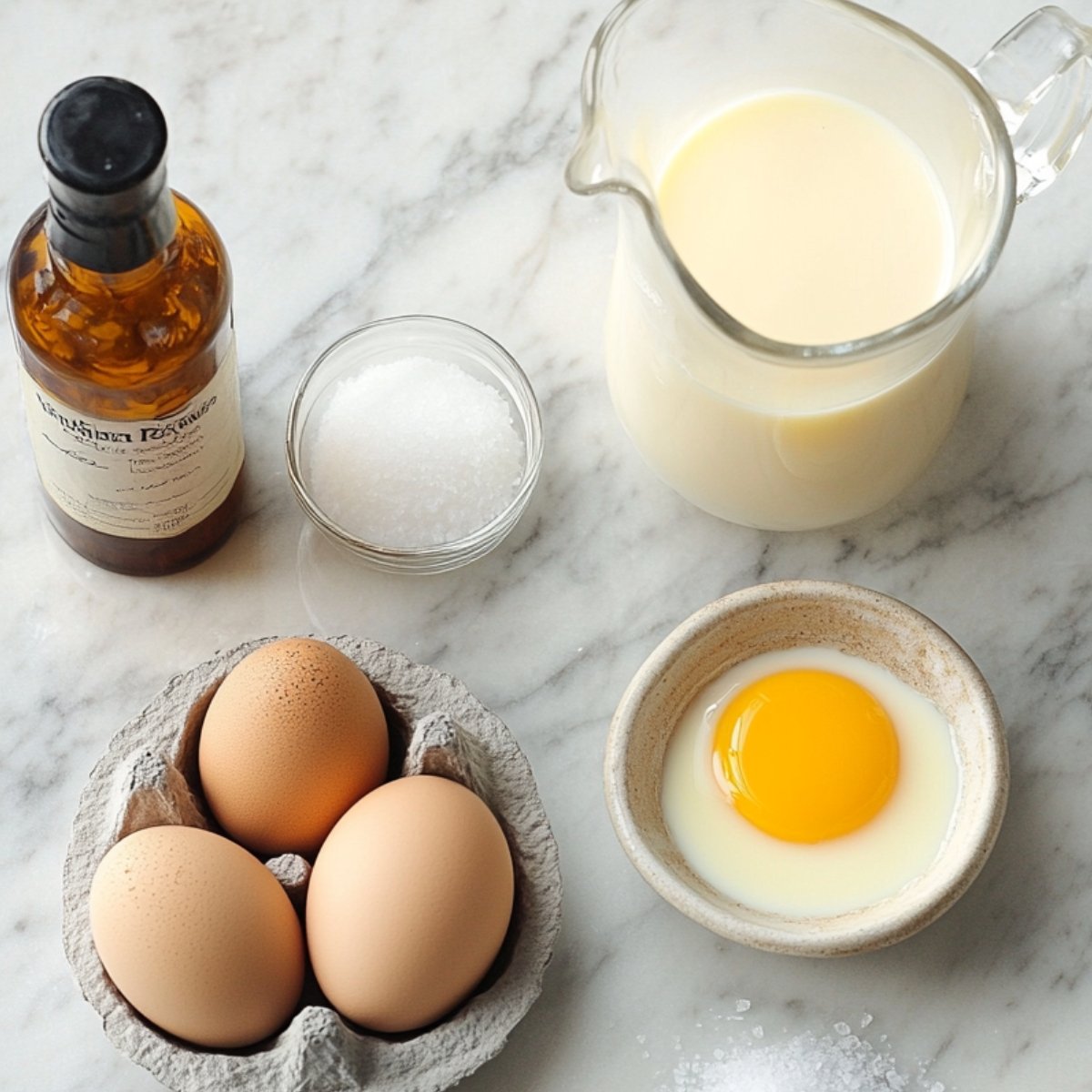 A top-down view of ingredients for homemade dulce de leche ice cream: a bottle of vanilla extract, a dish of sea salt, a glass pitcher of milk, a bowl with an egg yolk in cream, and three eggs in a carton, all arranged on a marble countertop with soft lighting.