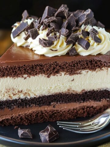A slice of triple chocolate mousse cake with layered chocolate mousse and ganache, topped with whipped cream and dark chocolate chunks on a black plate.