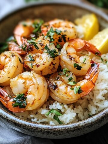 A bowl of homemade Hawaiian garlic shrimp Recipe, glistening with golden garlic butter, lightly charred, and topped with chopped parsley. A lemon wedge sits on the side, with crispy garlic bits clinging to the shrimp. Served in a rustic dish on a cozy dinner table.