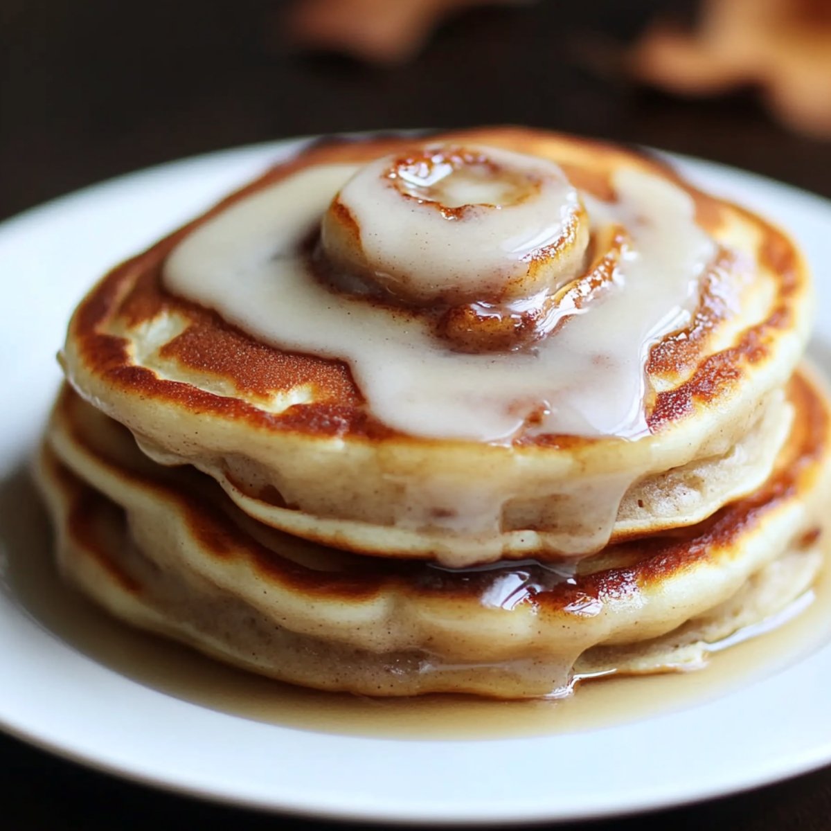 Homemade cinnamon roll pancakes stacked on a white plate, topped with creamy cinnamon glaze and maple syrup drizzle.