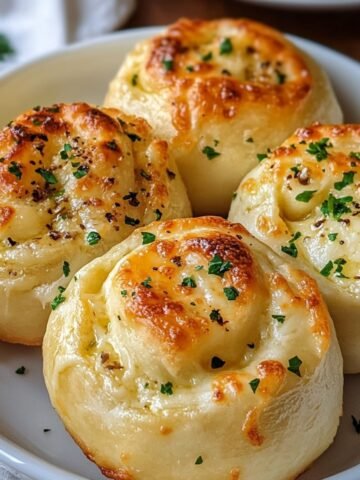 Homemade garlic cheese rolls arranged neatly in a white ceramic dish. The rolls appear golden-brown and freshly baked, topped generously with melted cheese, minced garlic, and finely chopped parsley. Each roll has a soft, fluffy texture with lightly crisp edges, displaying slight browning and bubbling cheese.