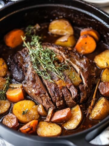 Tender homemade pot roast recipe with golden potatoes, carrots, and onions in a rich broth, topped with fresh thyme and served in a black Dutch oven.