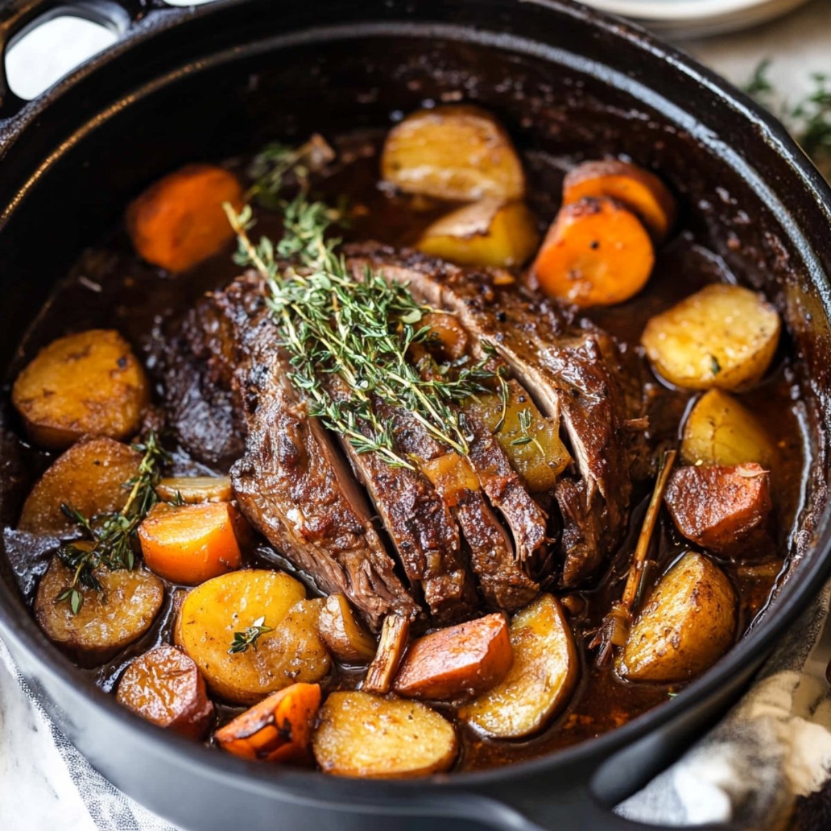 Tender homemade pot roast recipe with golden potatoes, carrots, and onions in a rich broth, topped with fresh thyme and served in a black Dutch oven.