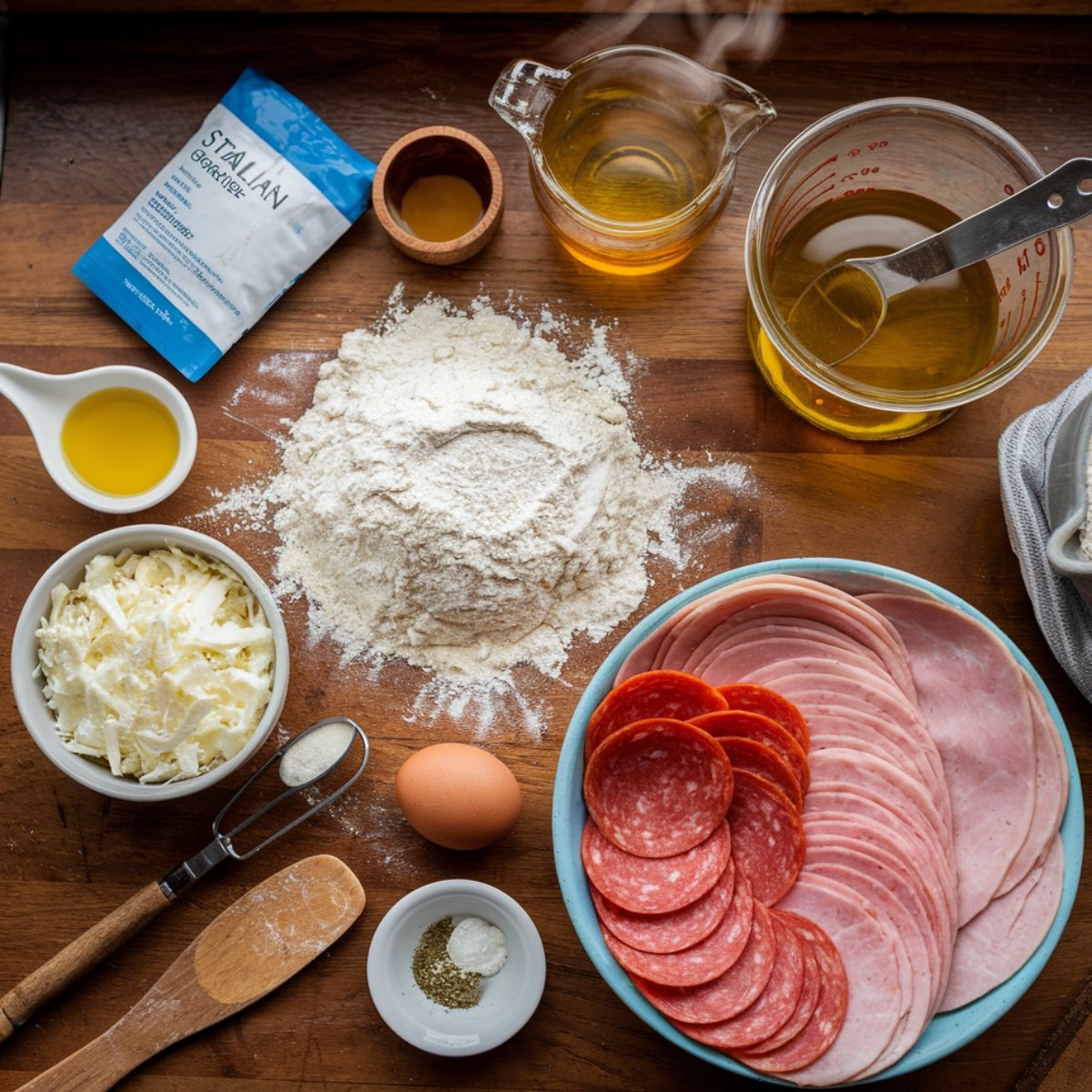 Overhead shot of Italian stromboli ingredients on a rustic wooden counter, including active dry yeast, olive oil, flour, mozzarella, pepperoni, ham, a cracked egg, garlic powder, salt, and shredded cheese. The scene has a warm, homemade vibe with soft natural lighting, showcasing a cozy, casual kitchen atmosphere.