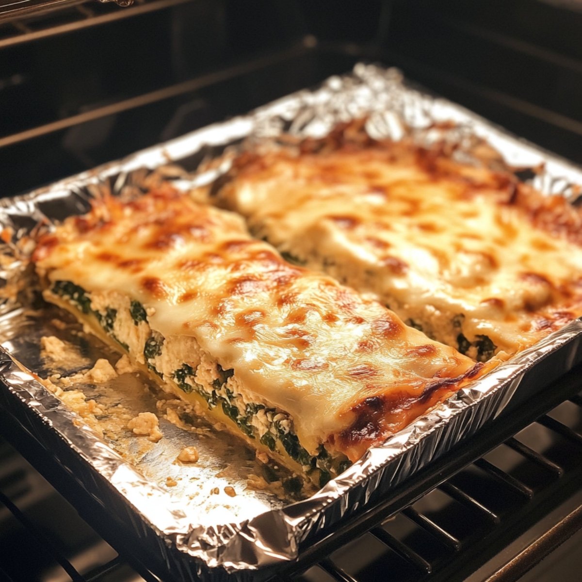 A freshly baked chicken spinach lasagna in a foil-lined dish, with a golden, bubbly cheese crust and visible layers of spinach, ricotta, and noodles. The lasagna is partially sliced in the oven.