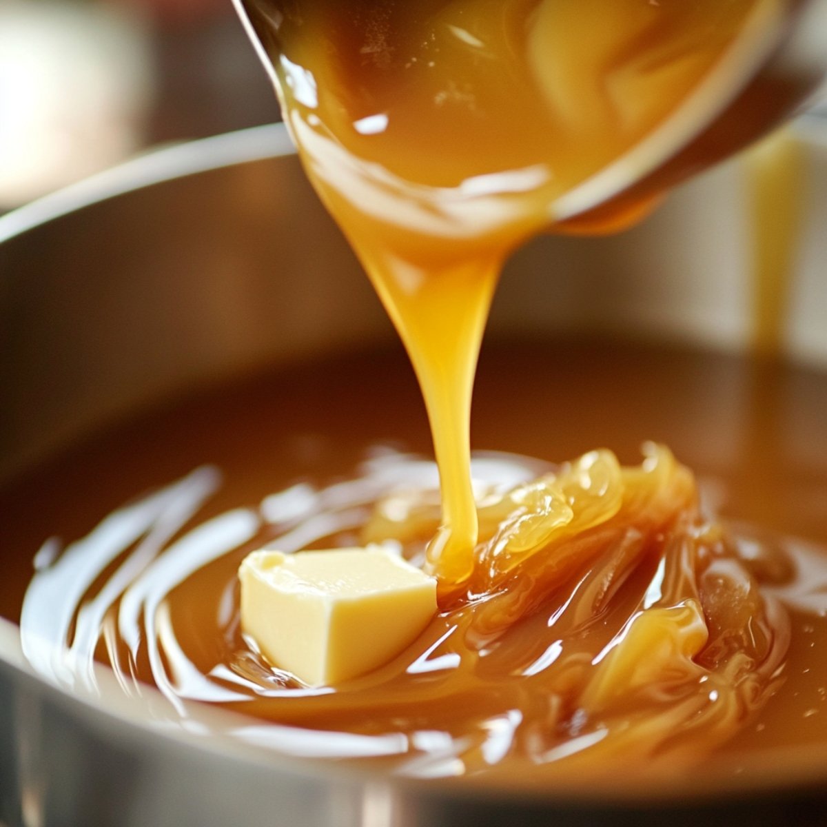Golden caramel sauce poured into a saucepan over melting butter, creating glossy swirls, with warm natural lighting for a real homemade feel.
