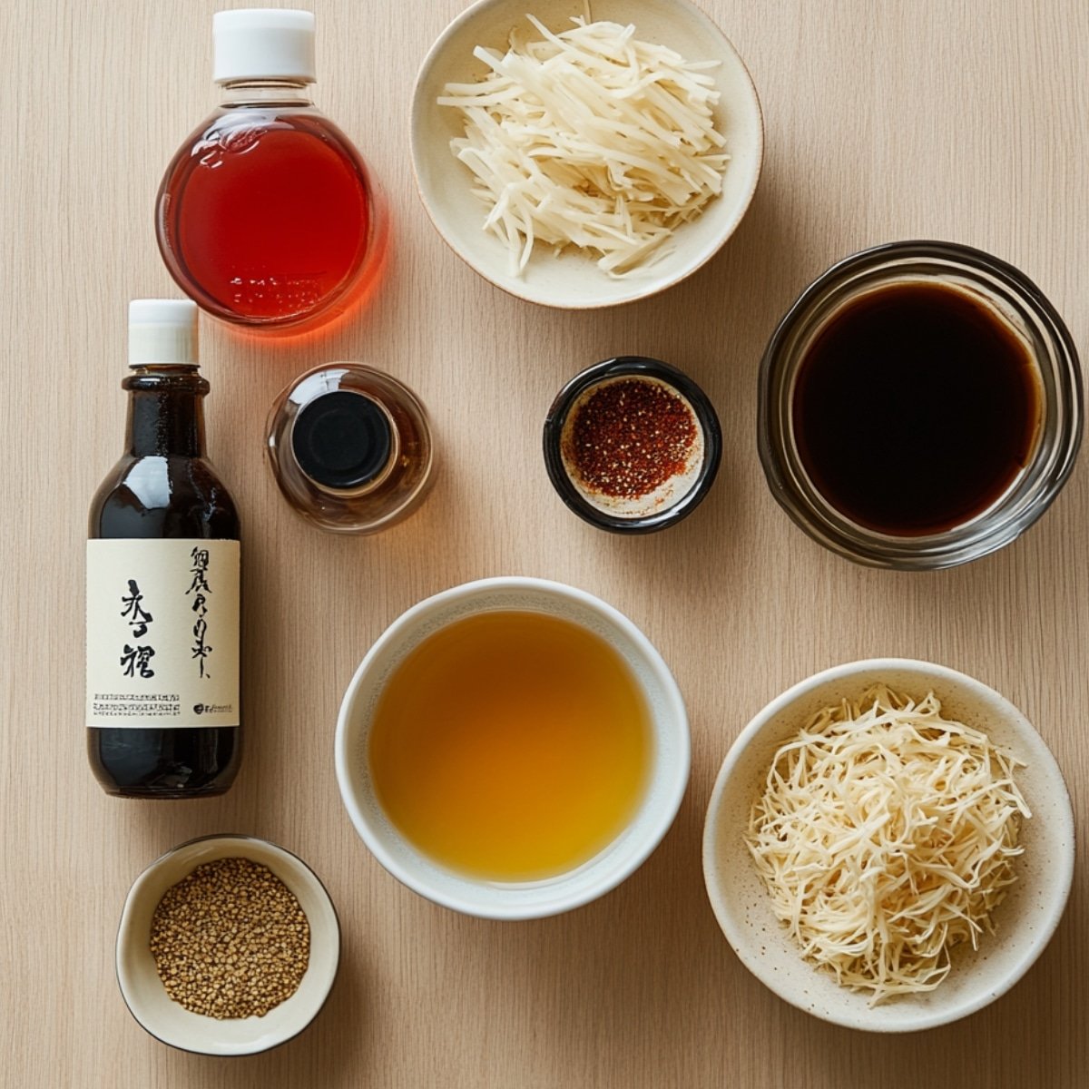 An overhead image of Mille Feuille Nabe ingredients, including bottles of soy sauce, sake, and dashi stock, shredded daikon radish, red pepper flakes, and sesame seeds, all arranged on a light wooden surface with soft lighting.