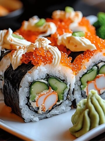 A close-up of homemade Dragon Roll Sushi on a white plate, featuring tightly wrapped black seaweed with rice, cucumber, and orange shrimp. Topped with bright orange fish roe, a swirl of creamy mayonnaise, and a small mound of green wasabi on the side.