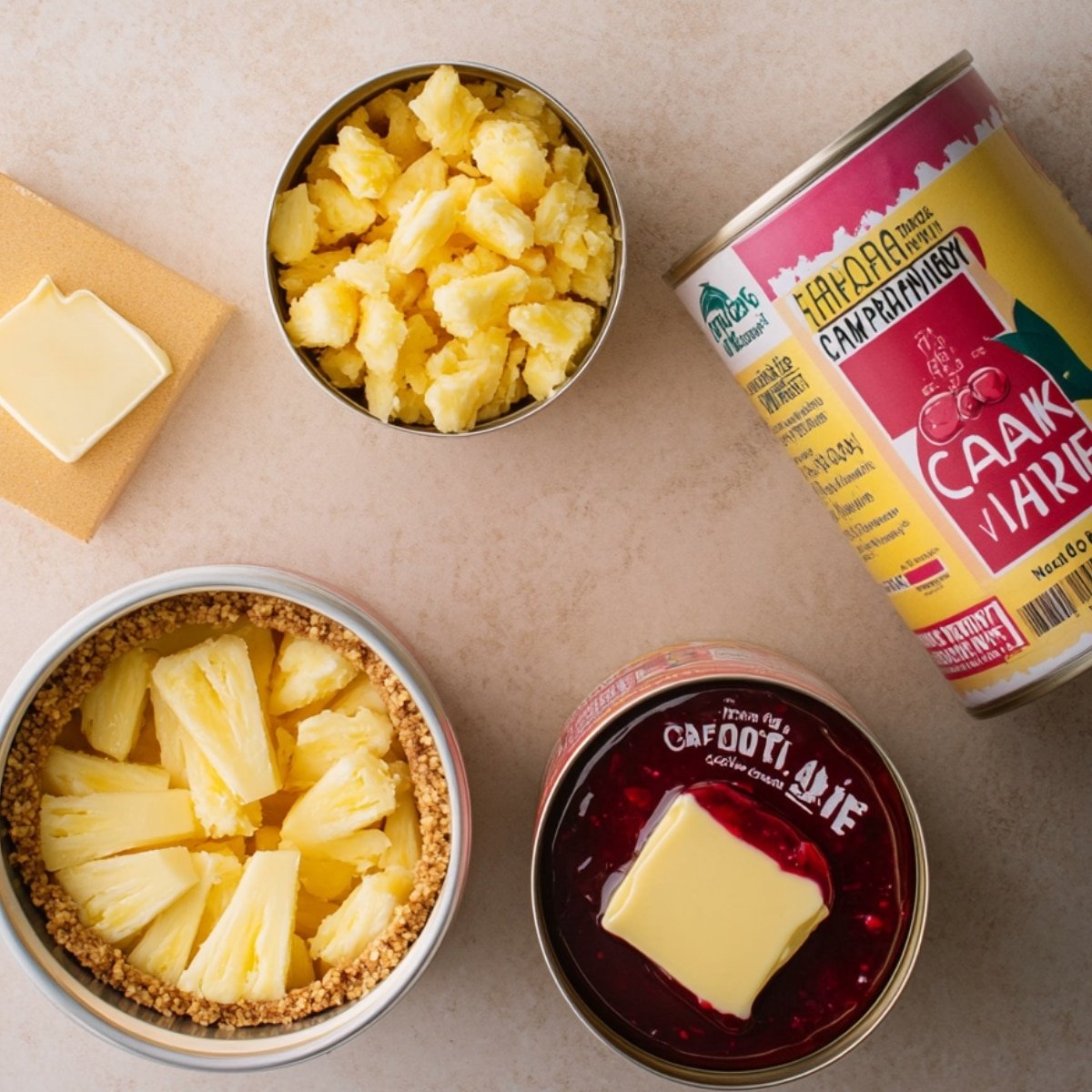Overhead view of pineapple dump cake ingredients: sliced butter on cake mix, open cans of crushed pineapple, pineapple slices with crumbs, and cherry pie filling with butter on top, all on a beige countertop.