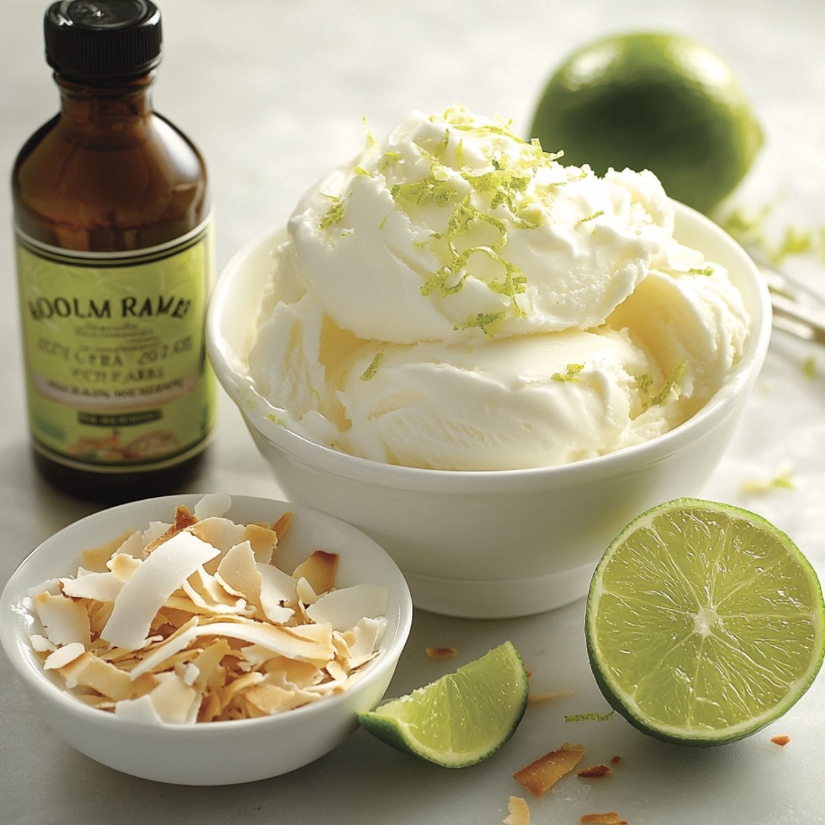 A bowl of creamy homemade pineapple ice cream topped with grated lime zest, with toasted coconut flakes and a lime beside it. A bottle of rum extract is in the background, all lit by soft, natural light.