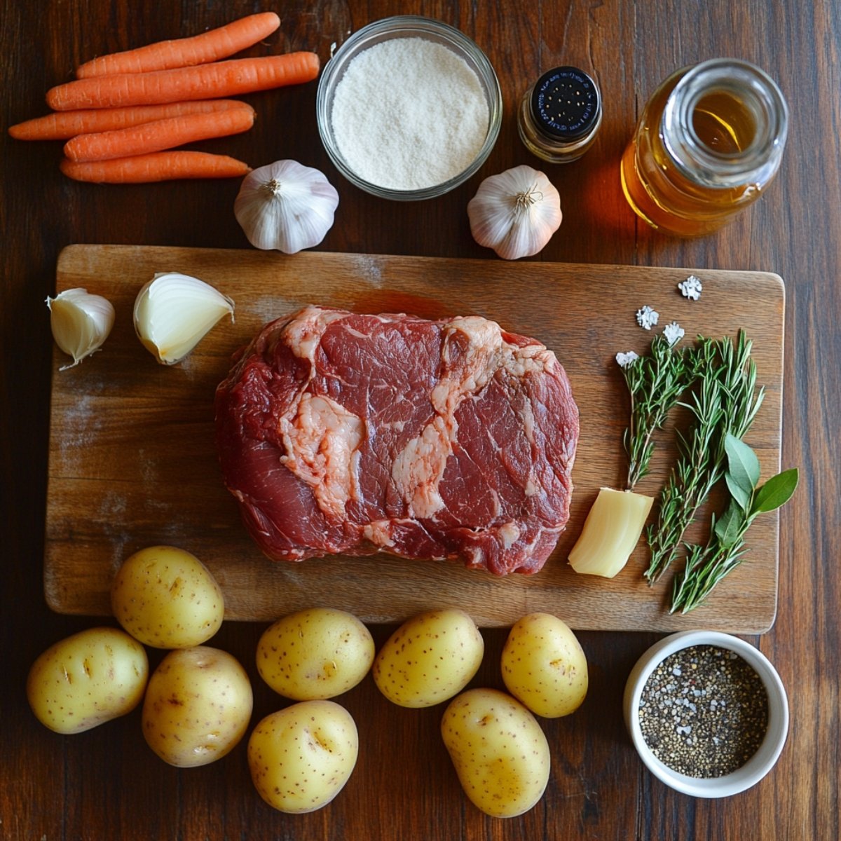 Raw chuck roast with potatoes, carrots, garlic, onions, herbs, and seasonings arranged on a wooden board for a homemade pot roast recipe.