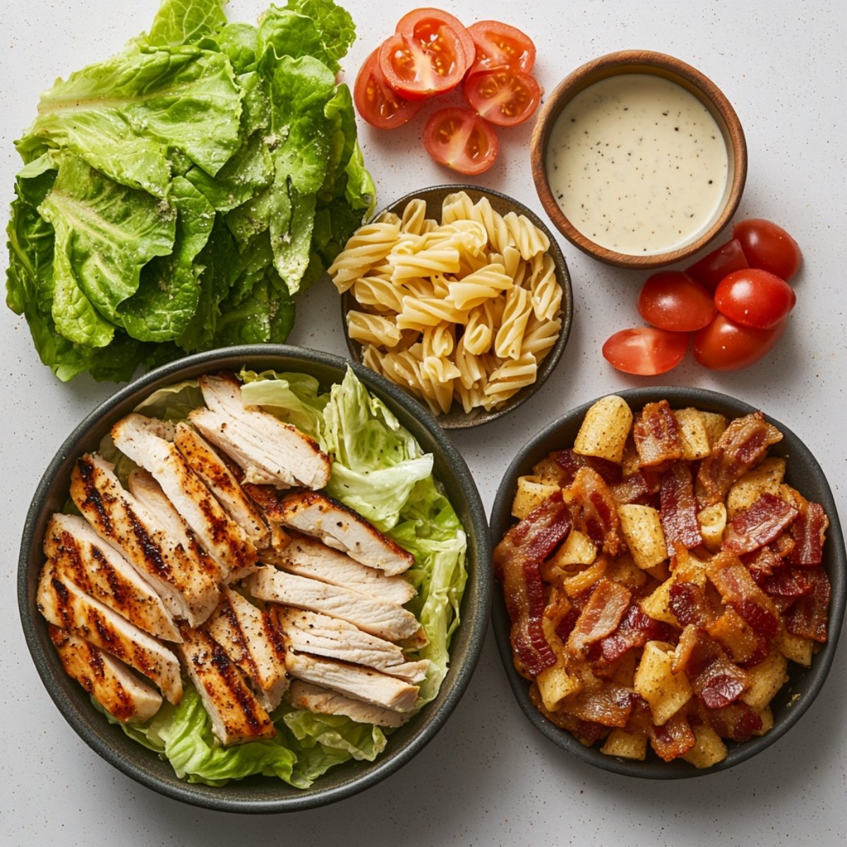 A homemade chicken Caesar pasta salad prep with fresh romaine lettuce, sliced grilled chicken, cooked penne pasta, halved cherry tomatoes, crispy bacon pieces, and creamy Caesar dressing, all neatly arranged in separate bowls