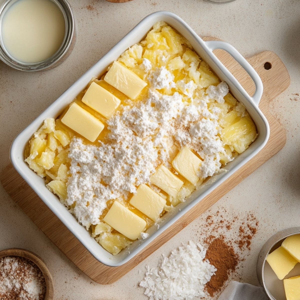 Overhead view of an unbaked pineapple dump cake with pineapple, butter slices, dry cake mix, and cinnamon in a white baking dish, surrounded by shredded coconut, cinnamon, and condensed milk on a wooden board.