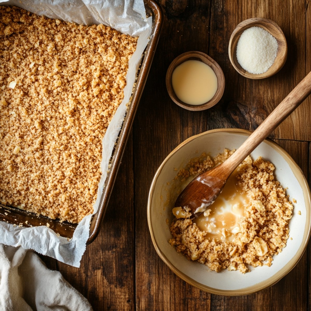Homemade crust for caramel apple cheesecake bars: a parchment-lined pan filled with crumb mixture, a mixing bowl with buttery crumbs and a wooden spoon, small bowls of melted butter and sugar, all on a rustic wooden table with warm natural light.
