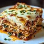 A close-up of a homemade chicken spinach lasagna slice with melted mozzarella cheese, layers of spinach, chicken, ricotta, and tomato sauce, garnished with fresh herbs on top.