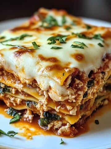 A close-up of a homemade chicken spinach lasagna slice with melted mozzarella cheese, layers of spinach, chicken, ricotta, and tomato sauce, garnished with fresh herbs on top.