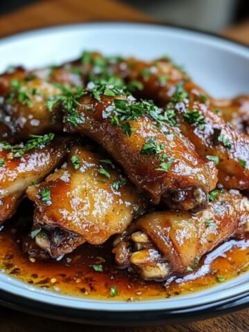 Close-up of homemade smothered chicken wings on a white plate, coated in a glossy, caramelized sauce. The wings are crispy, tender, and topped with freshly chopped parsley. A small amount of sauce pools around the wings, giving a rustic, homemade feel.