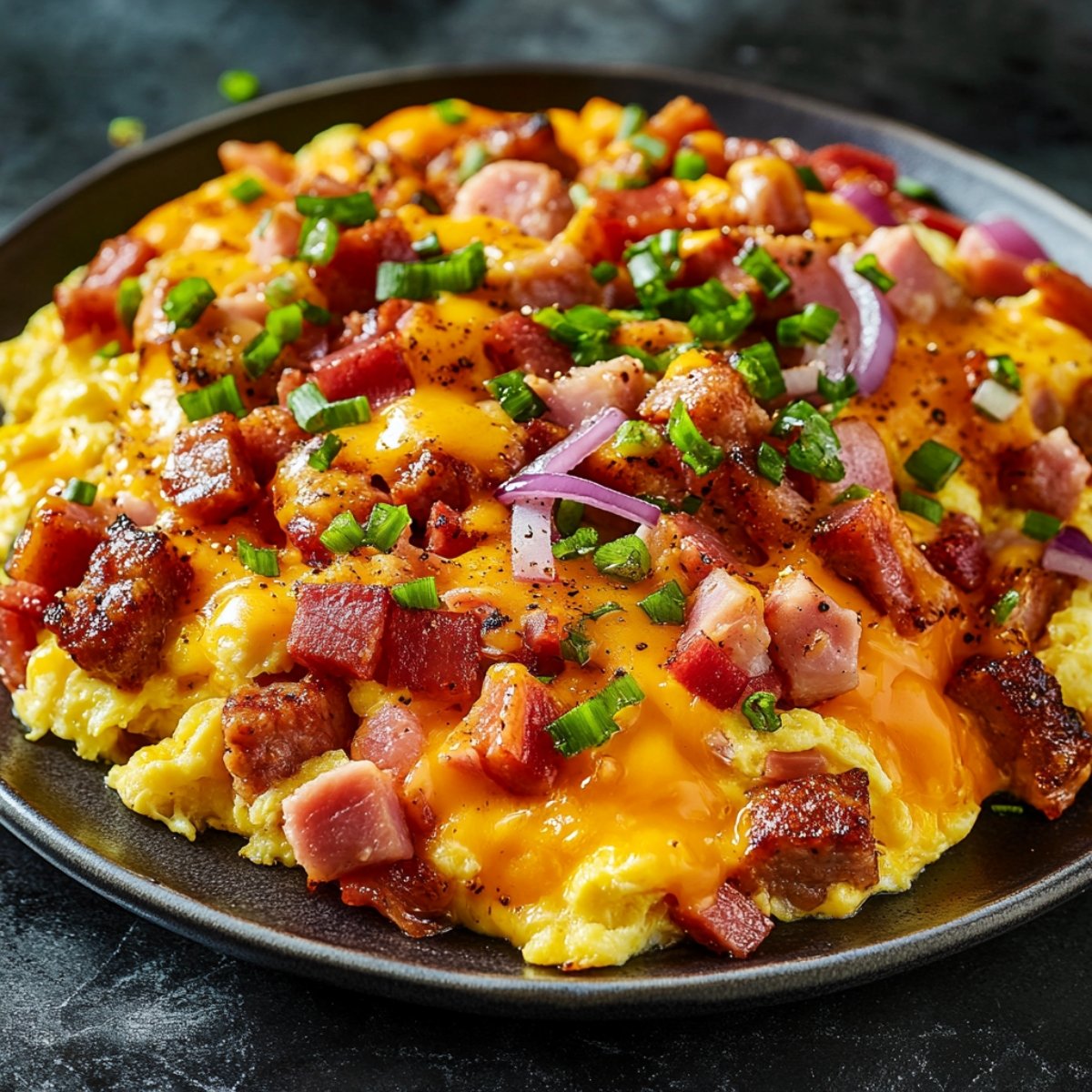 A close-up of scrambled eggs topped with melted cheddar cheese, crispy bacon, diced ham, and green and red onions, seasoned with black pepper on a dark plate.
