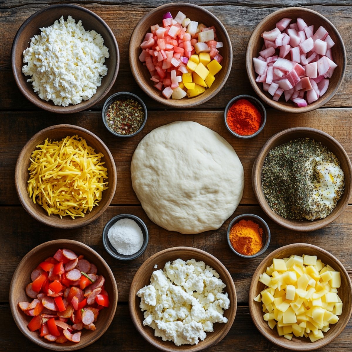 A rustic wooden surface with bowls of ingredients for breakfast pizza: pizza dough, shredded cheddar, cubed mozzarella, diced tomatoes with bell peppers, diced red onions, sausage, cottage cheese, and various seasonings like black pepper, chili powder, and salt. The ingredients are neatly arranged, creating a homemade, fresh feel